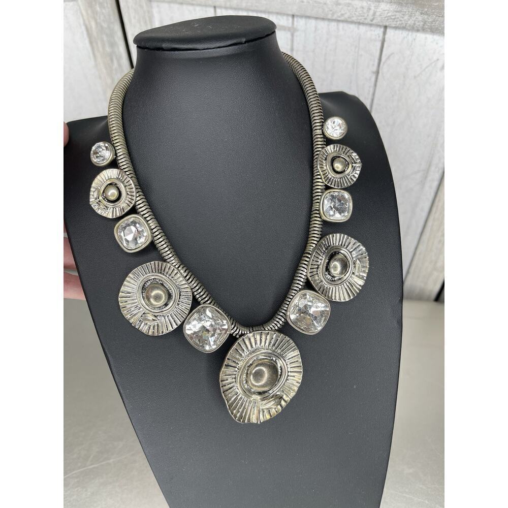 Vintage Chunky Silver Tone Chains Necklace Disc Rhinestone
